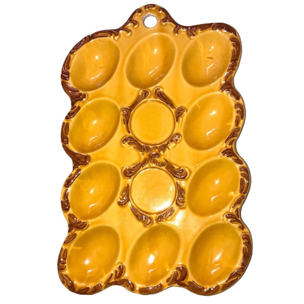 Vintage MCM Deviled Egg Serving Platter Harvest Gold JAPAN Ceramic Hang Plate - Picture 3 of 9
